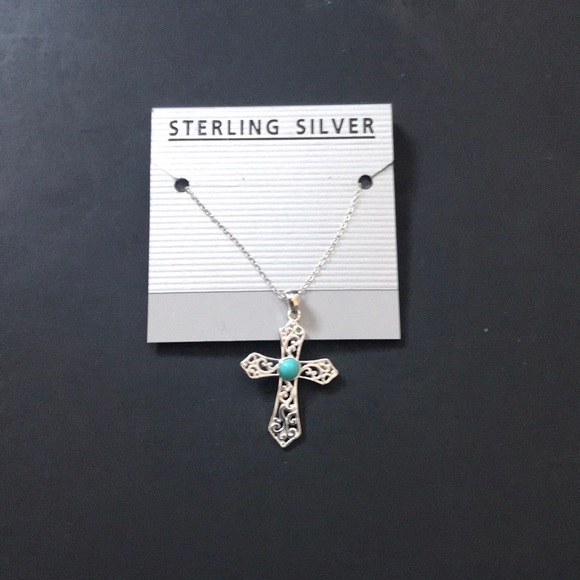 Macy's Jewelry - Sterling Silver Cross and Turquoise Necklace.